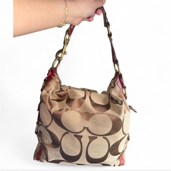 Coach Brown Signature Canvas Shoulder Bag with Red Leather Trim